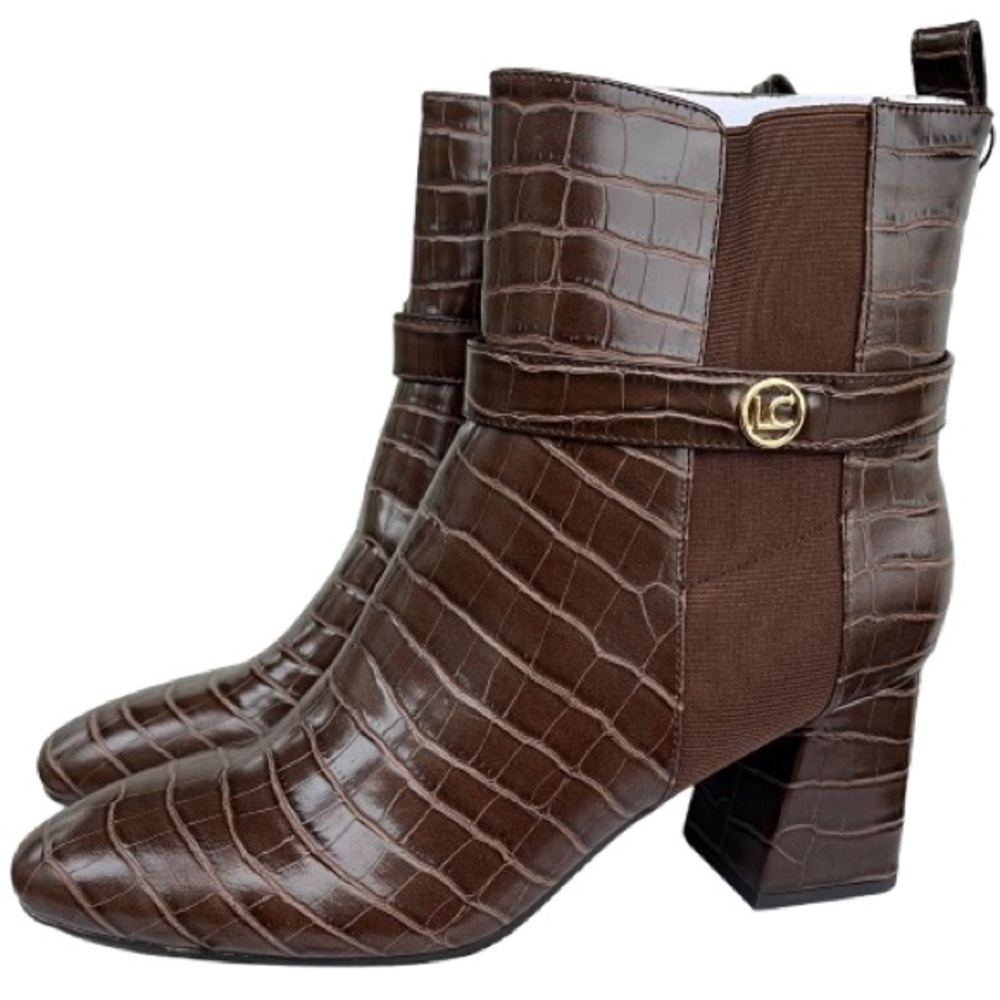 Brown Faux Croc Ankle Boots | Block Heel Booties | LC Gold Logo | Size 10